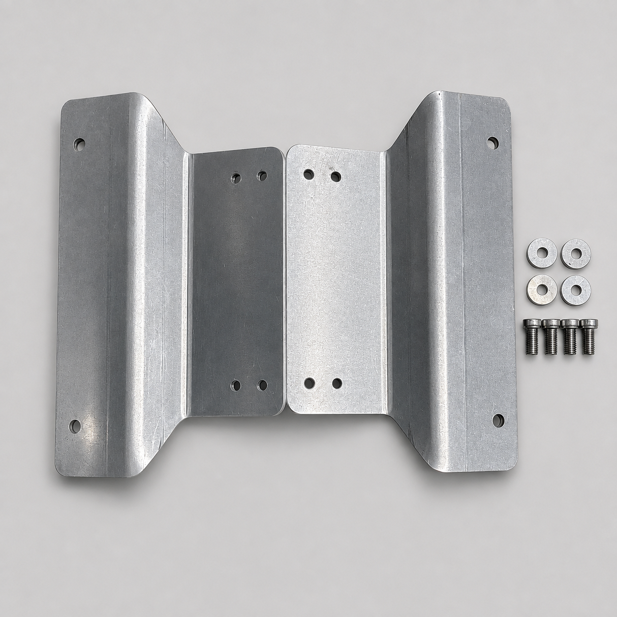 Raw aluminium flat mount adaptor kit for Starlink Gen 3 Performance with mounting bracket, bolts and washers.