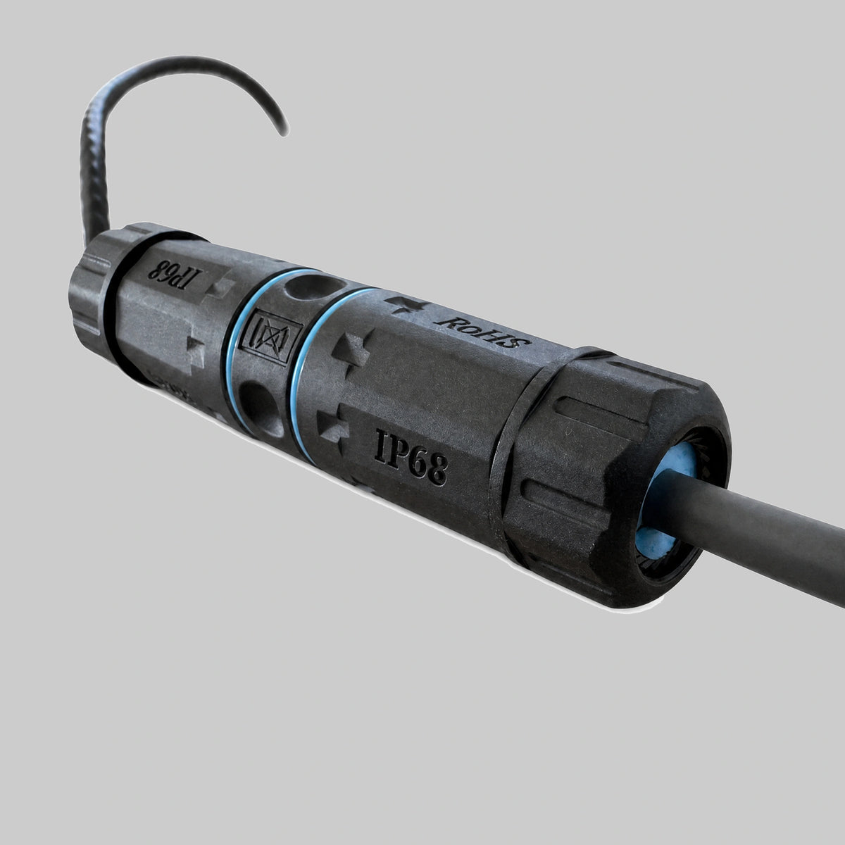 Assembled angle view of the IP68-marked waterproof RJ45 cable joiner with cable glands