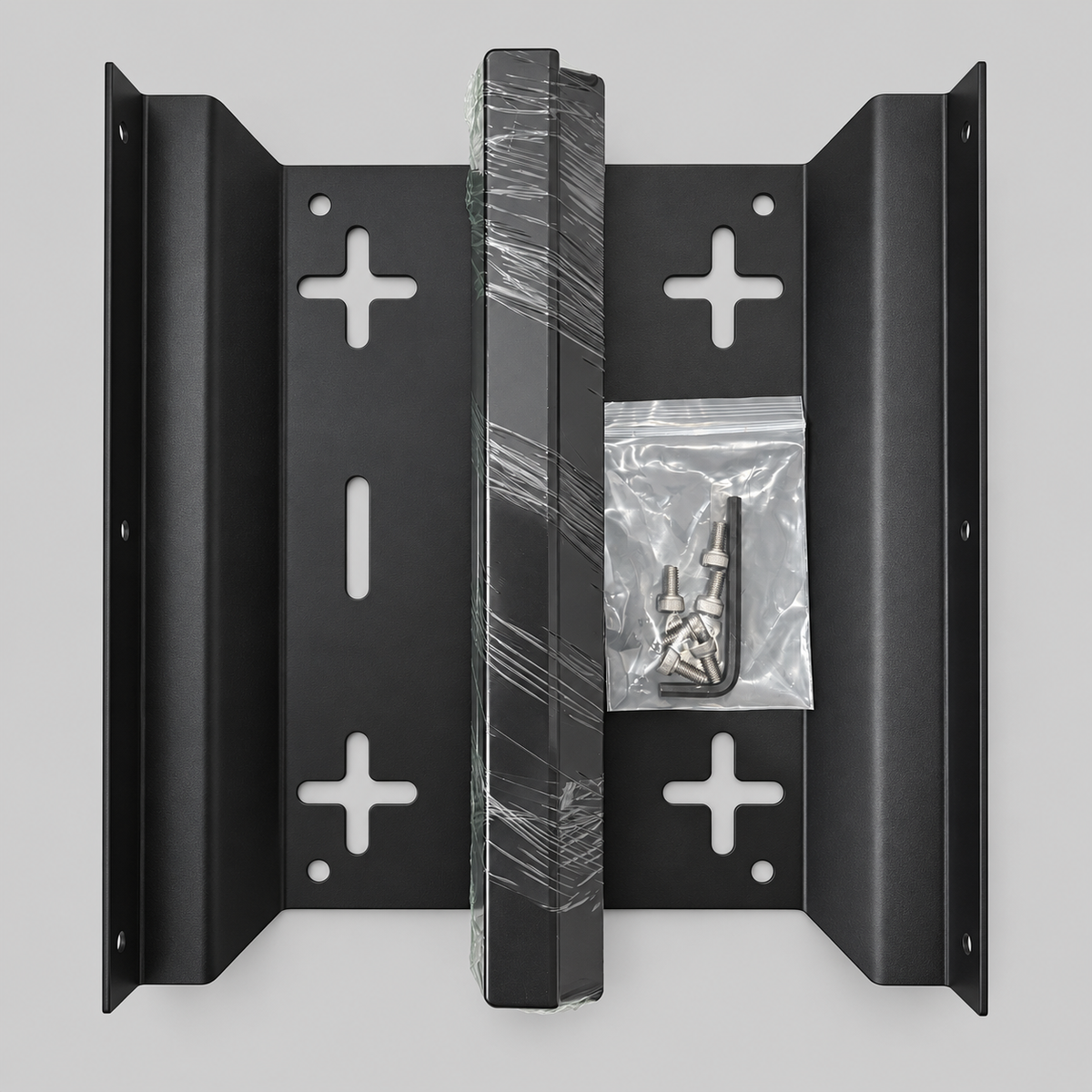 Starlink Mini Aluminium In-Motion Mount with black mounting bracket, pre-drilled mounting slots, aluminium rail and installation hardware