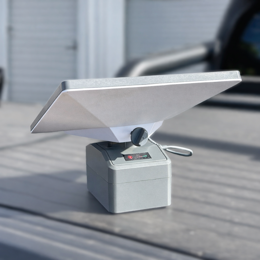 Starlink Mini portable 5Ah battery connected to a solar panel for off-grid satellite internet power