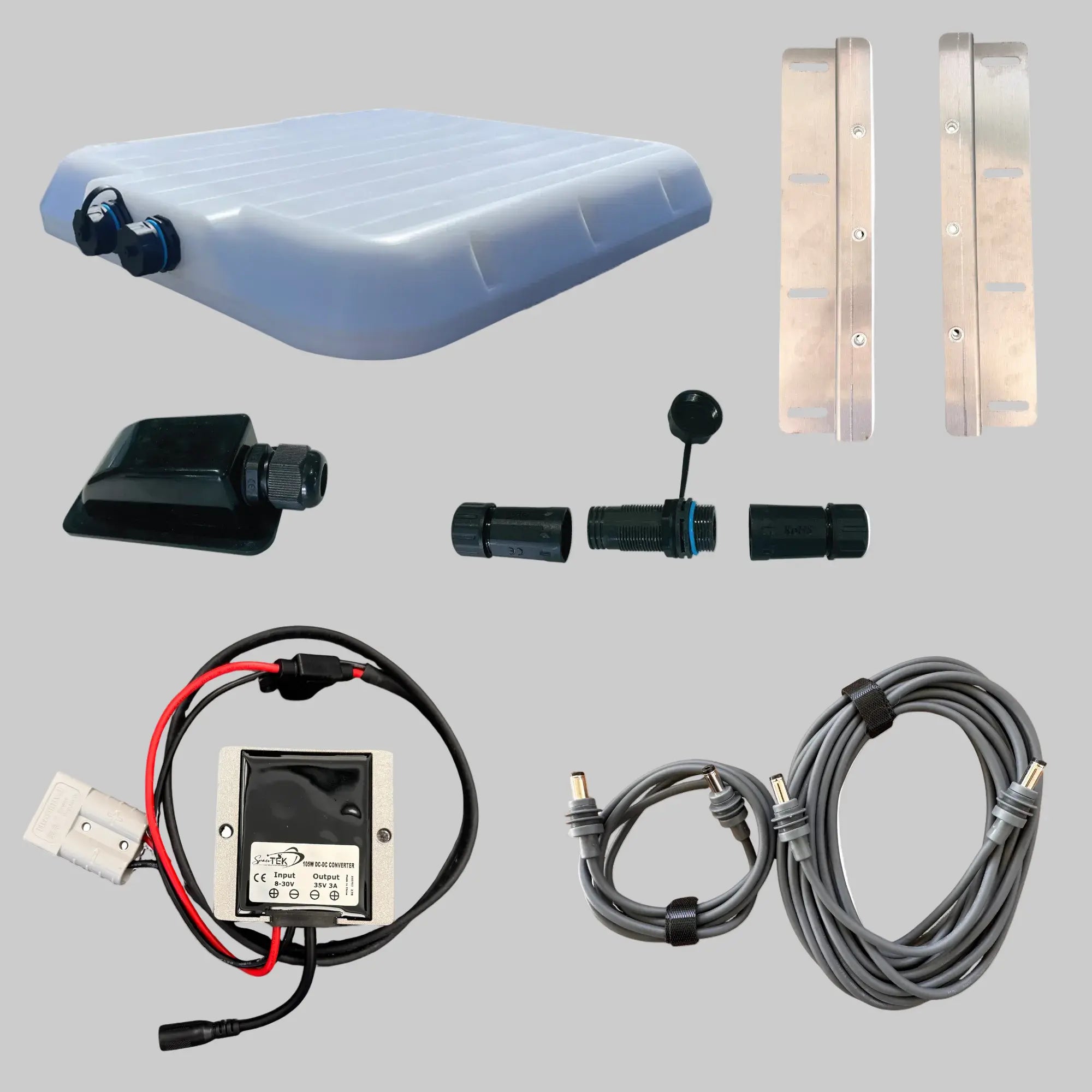 Premium caravan installation bundle for Starlink Mini with V-Cell enclosure, mounting rails, voltage booster, cables, and waterproof connectors
