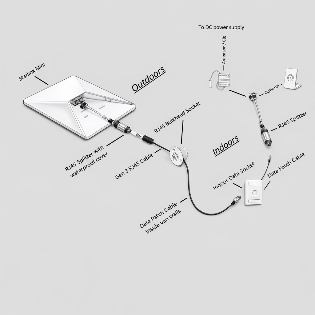 Starlink Mini caravan retrofit kit installation diagram showing outdoor dish connection, RJ45 bulkhead socket, indoor data socket, splitter and DC power supply wiring
