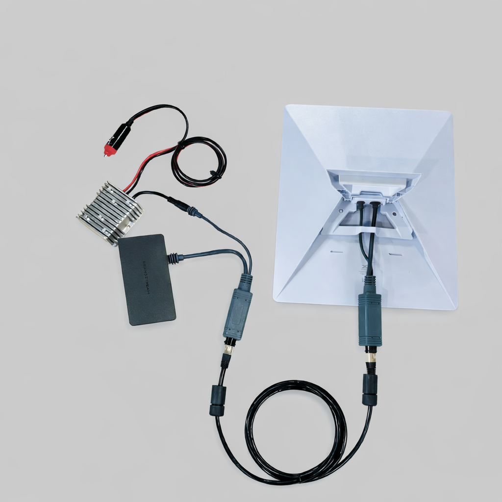 Clean wiring layout of Starlink Mini Combiner/Splitter Cable connected to dish and power supply – ready for solar or 12V integration