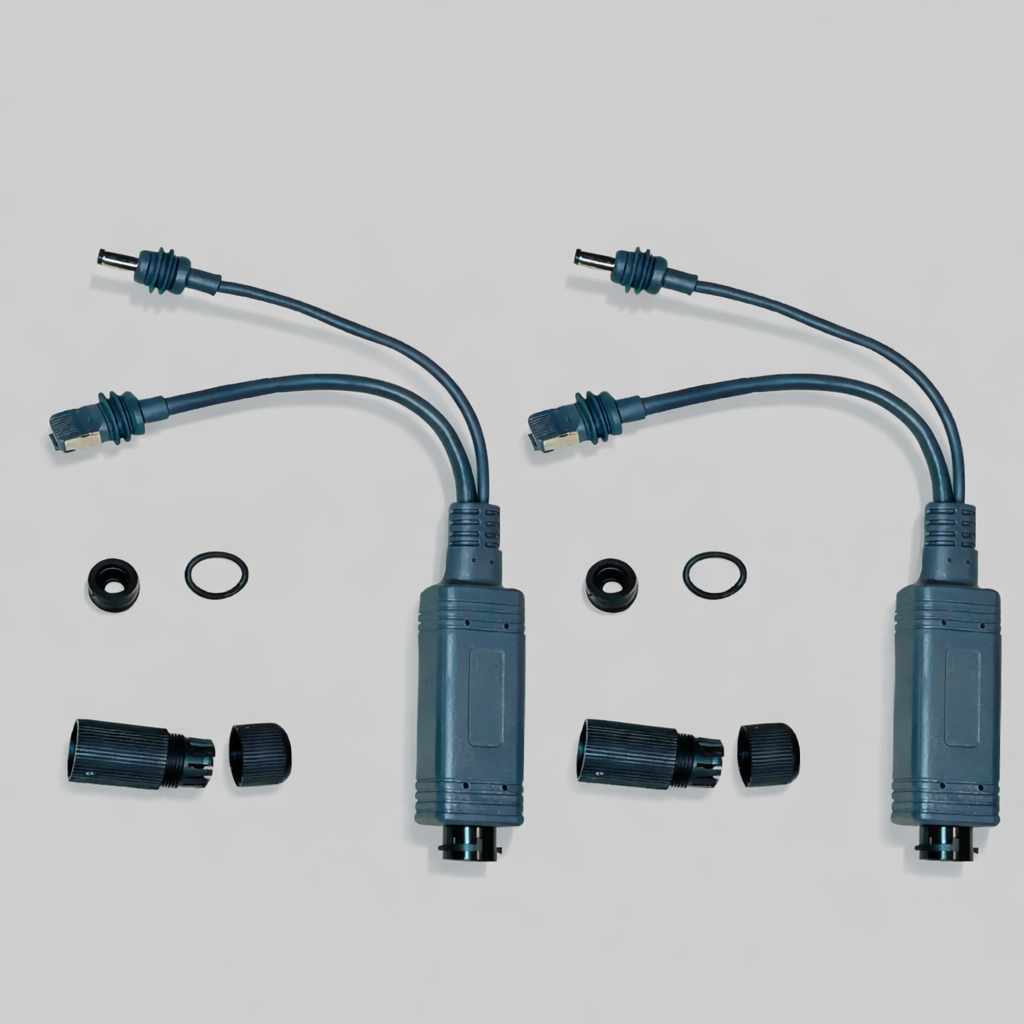 Full Starlink Mini splitter combiner cable kit showing inline adapters, waterproof connectors, O-rings and threaded caps – engineered for outdoor Starlink Mini installs