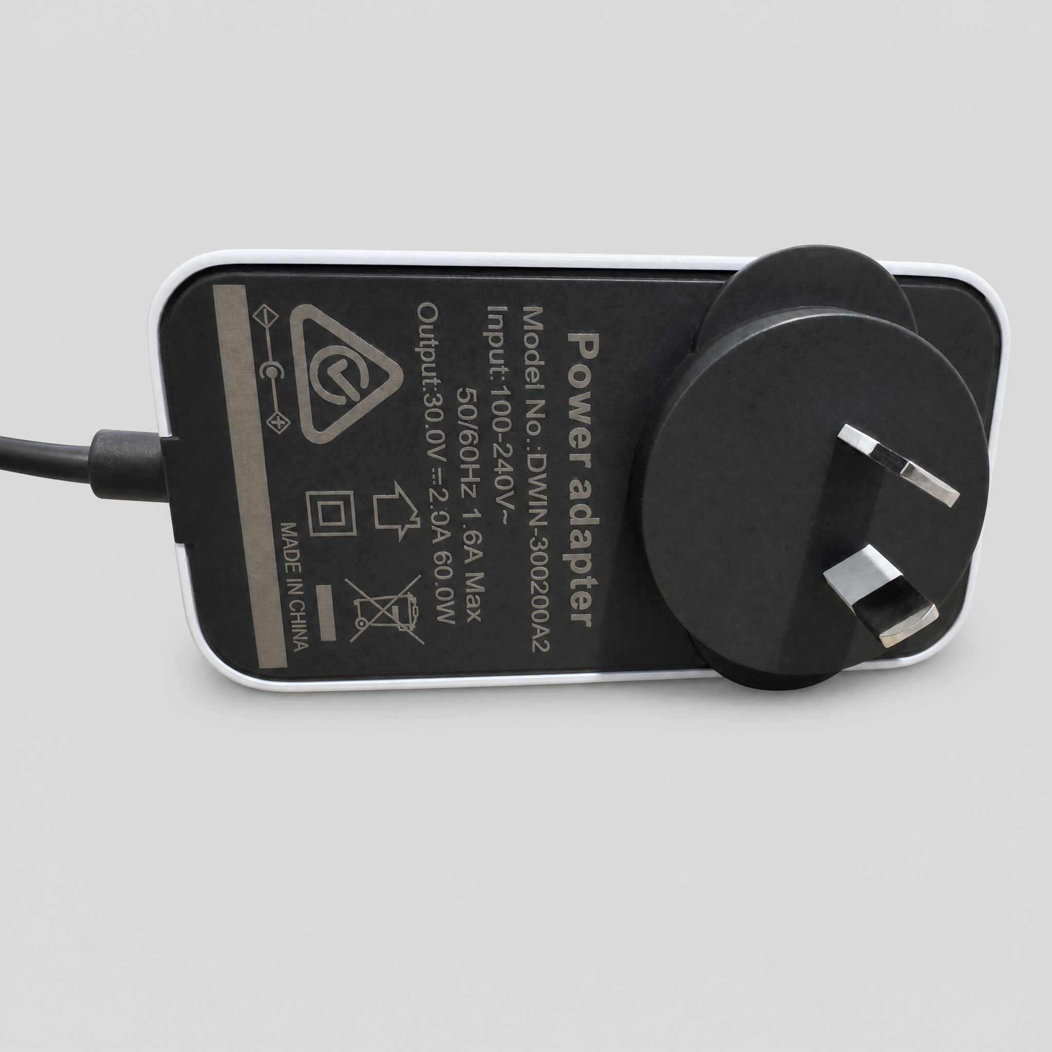 White Starlink Mini compatible 30V 2A power supply with AU/NZ plug and DC cable