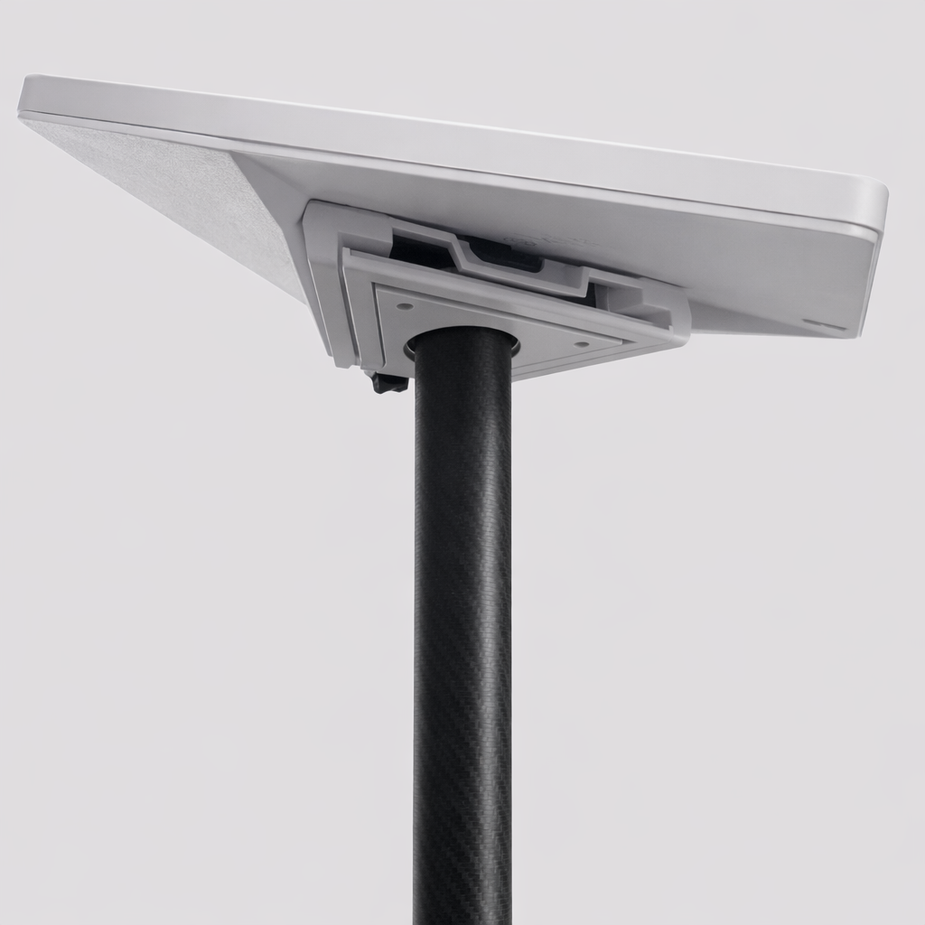 Front view of Starlink Mini dish mounted on combined kickstand and pipe adapter with central adjustment knob