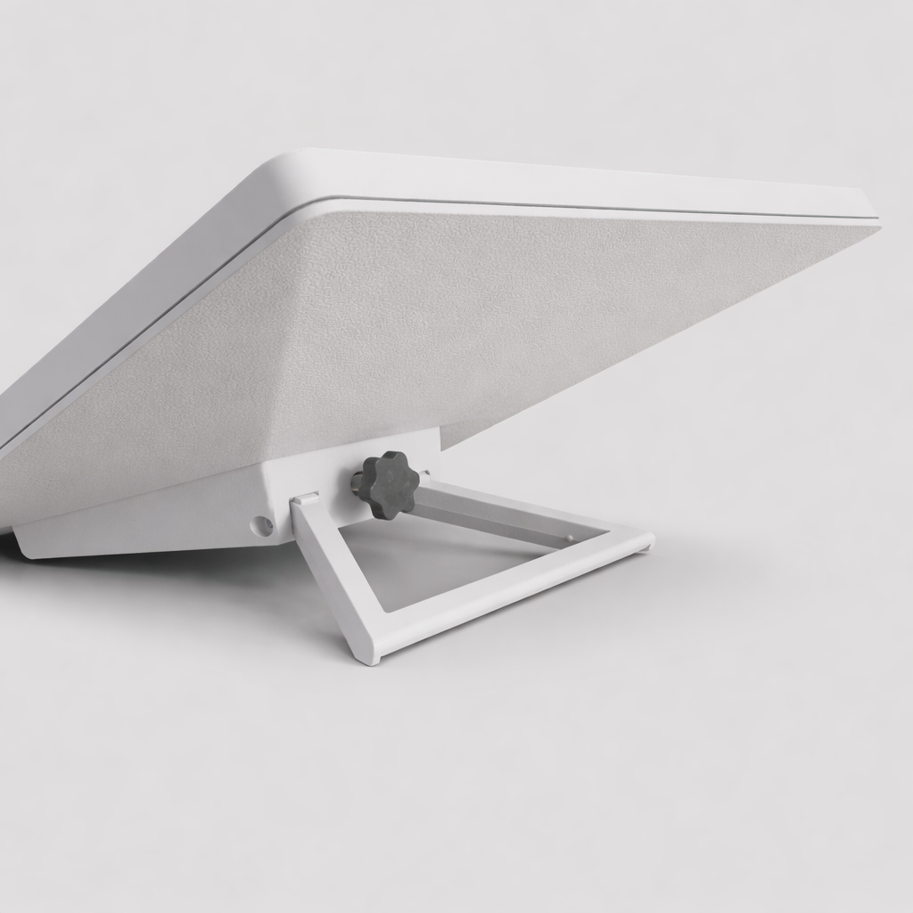 Side view of Starlink Mini kickstand and pipe adapter with adjustable support bracket and textured aluminium surface