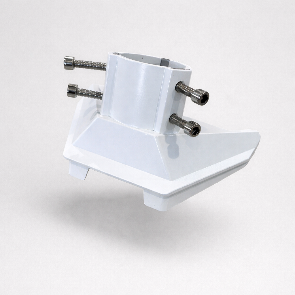 Starlink Mini pole adapter clamp mount made from ABS plastic with stainless steel bolts, angled side view