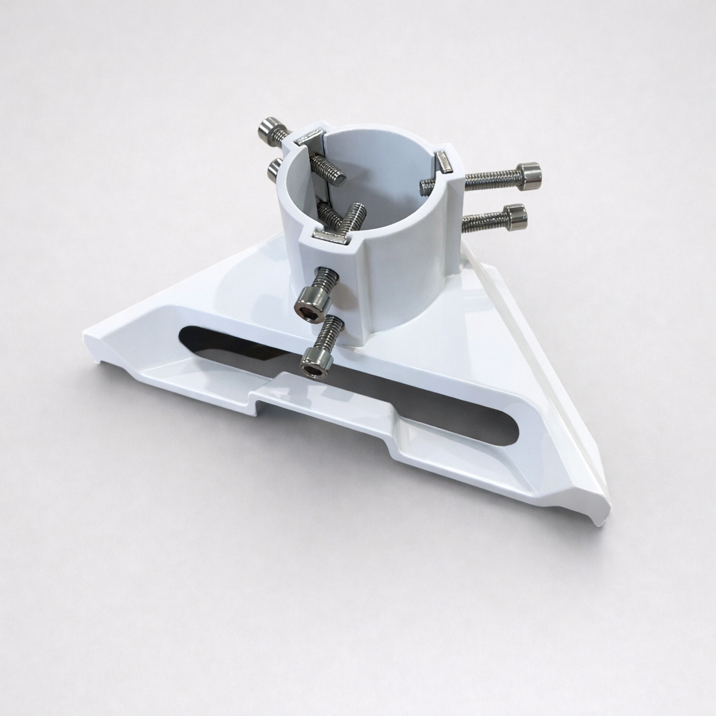 Top view of Starlink Mini pole adapter made from ABS plastic with adjustable clamp and mounting slot