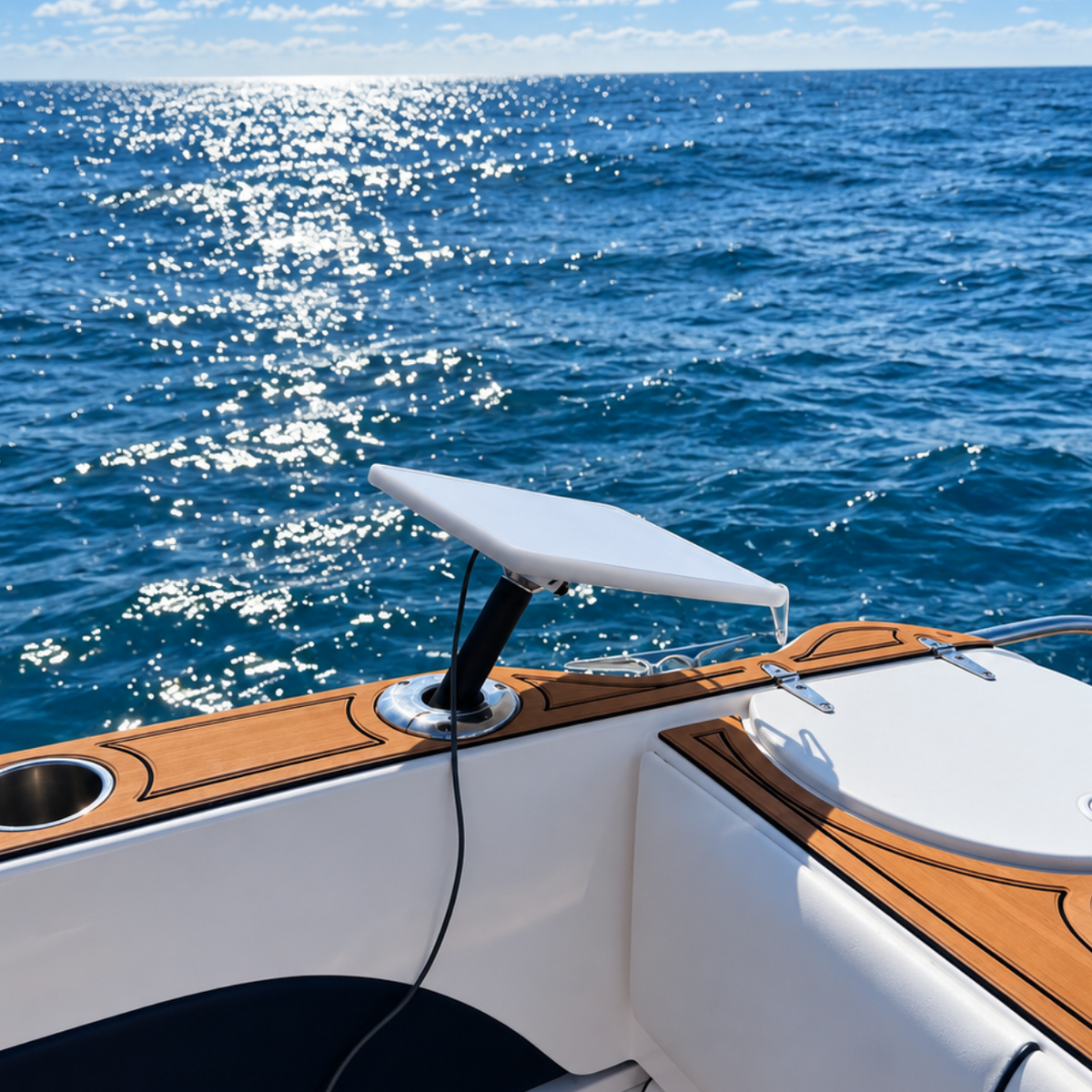 Starlink Mini mounted in a stainless steel rod holder on a boat at sea using the Spacetek Starlink Mini Stainless Steel Rod Holder