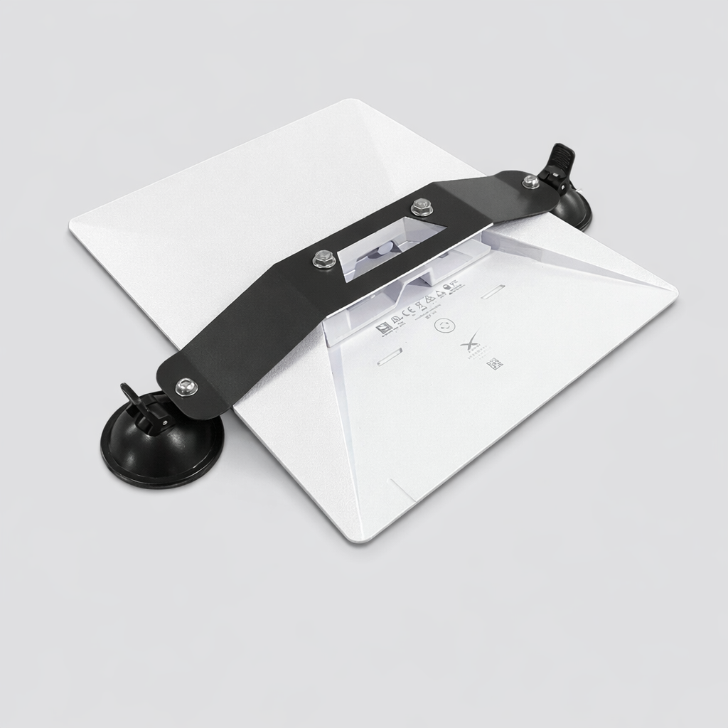 High-resolution rear view of the Starlink Mini suction cup mounting system showing dual suction cups and steel bracket secured to the dish. Ideal for vehicle or mobile Starlink installations.