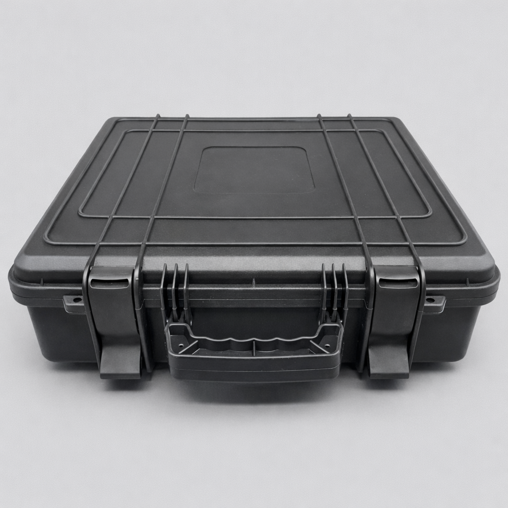 Closed Starlink Mini tough case with reinforced latches and carry handle for secure storage and transport