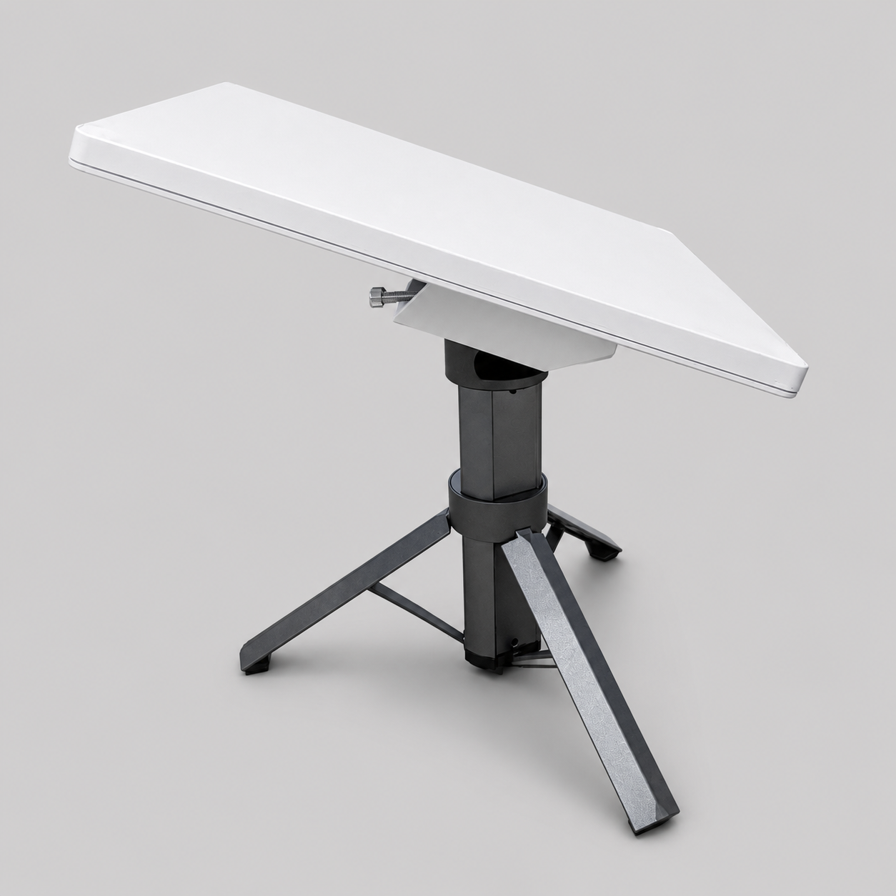 Side profile of the Spacetek Starlink Mini Tripod Battery 9Ah with Starlink Mini mounted at an adjustable viewing angle