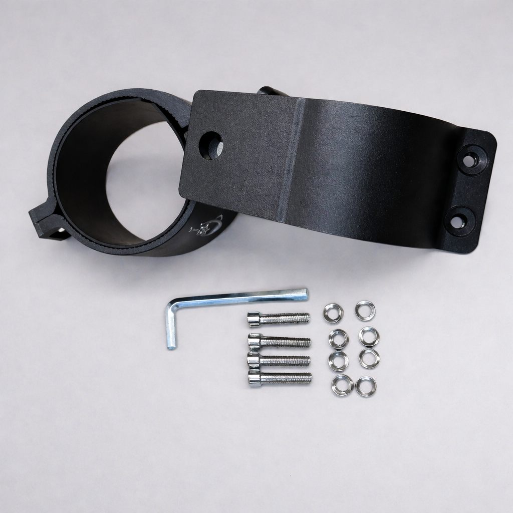 Starlink Mini compatible aluminium tube mount kit with clamps, bolts, nuts and Allen key on neutral background.