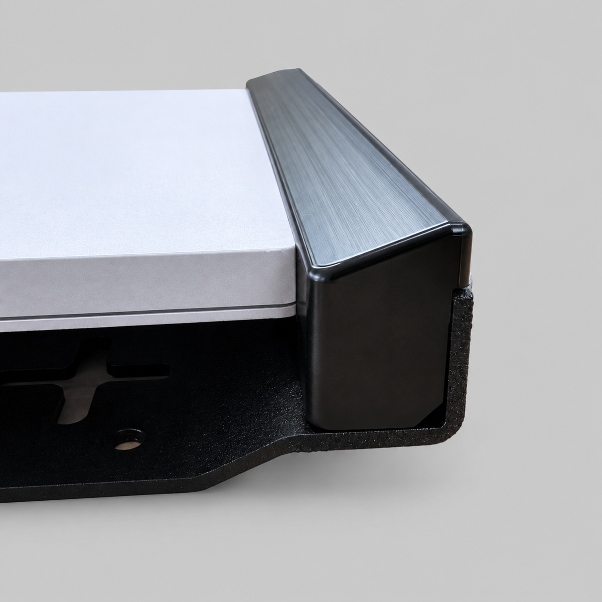 Close-up of black powder-coated Starlink Mini in-motion vehicle mount