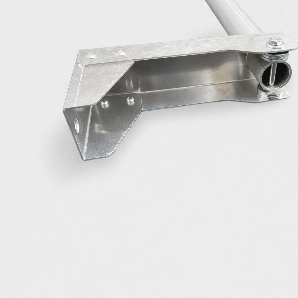 aluminium Starlink wall mount bracket side view showing reinforced support arm and pole clamp