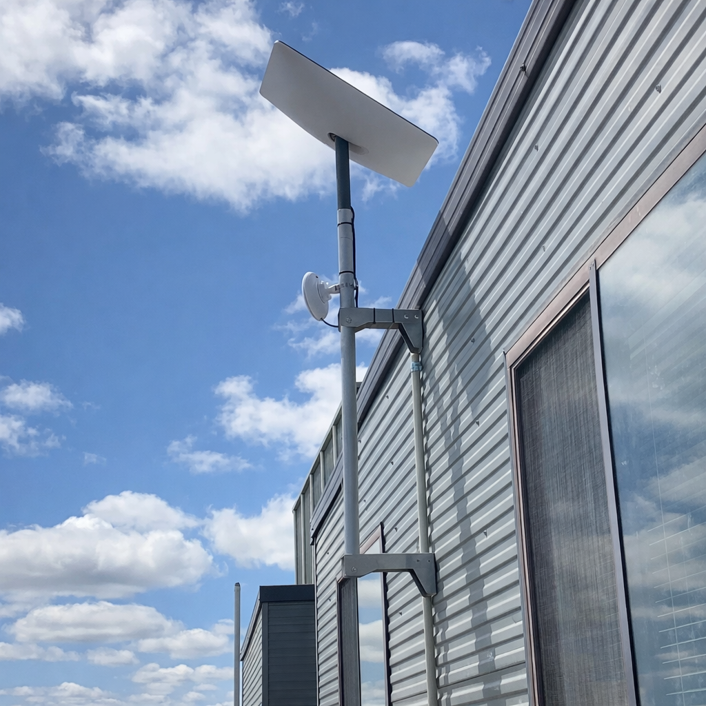 Starlink wall mount pole bracket installed on corrugated metal building with satellite dish mounted and blue sky background ATCO