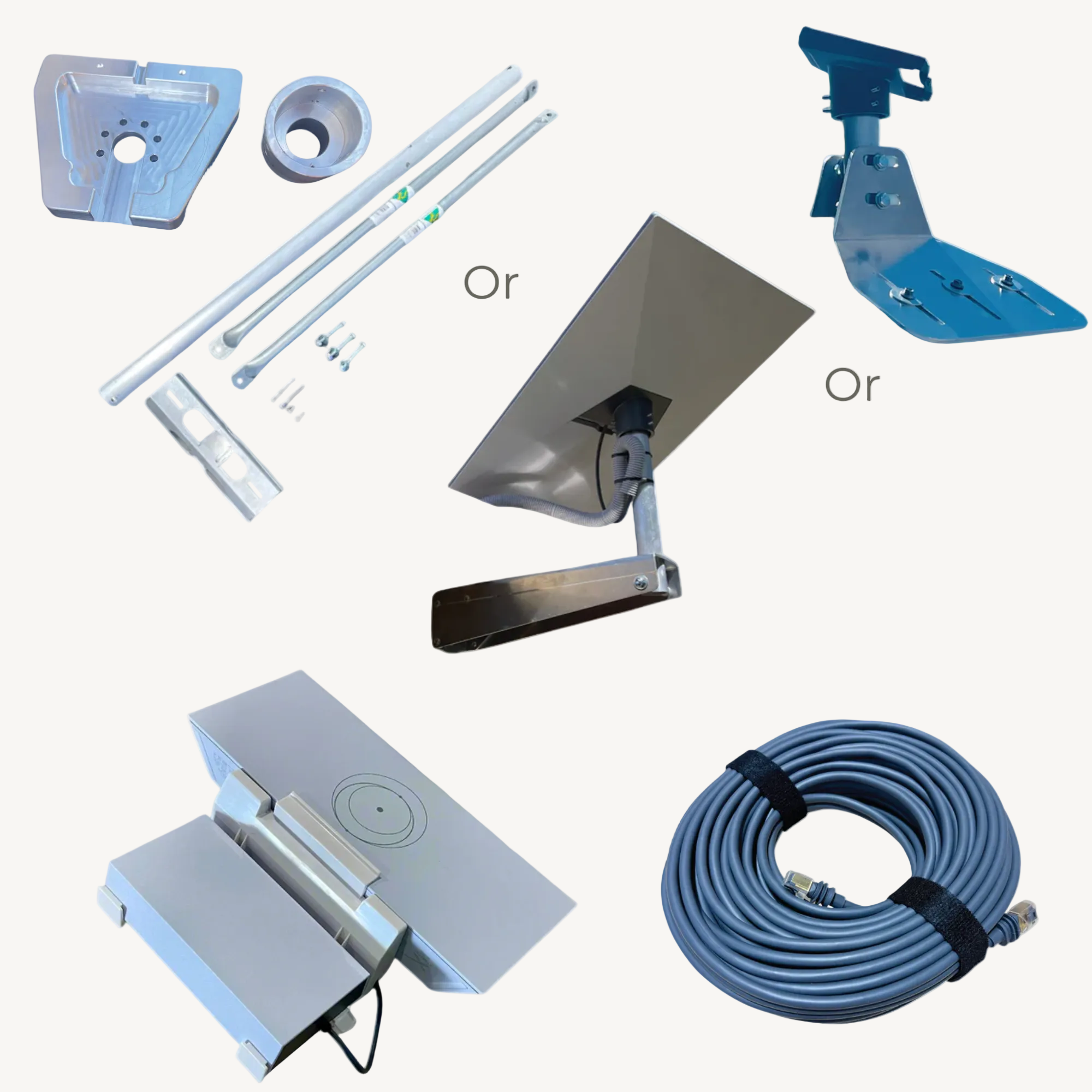 Starlink Gen 3 bundle kit with locally made aluminimum mounts on white background