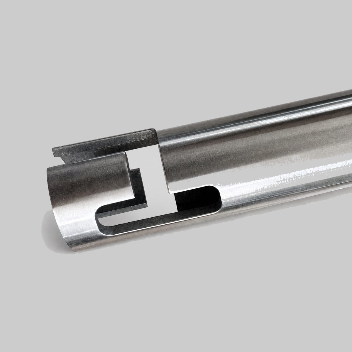 Base detail of stainless steel rod holder pole mount adapter showing machined slots
