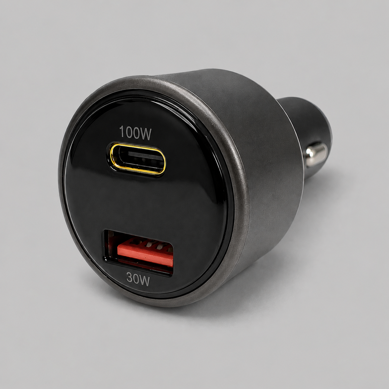 A 3-in-1 car cigarette lighter charger with a 100W USB-C port, a 30W USB-A port, and a 5V/2A micro-USB port, shown on a neutral gray background.
