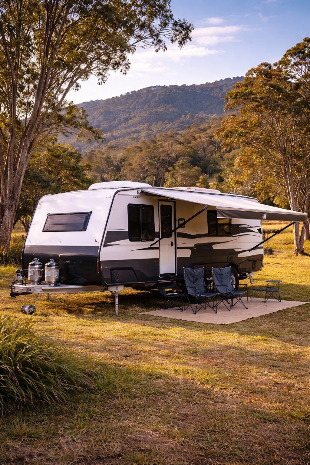 Whiet caravan with awning parked in australian farm on a sunny day, spacetek starlink