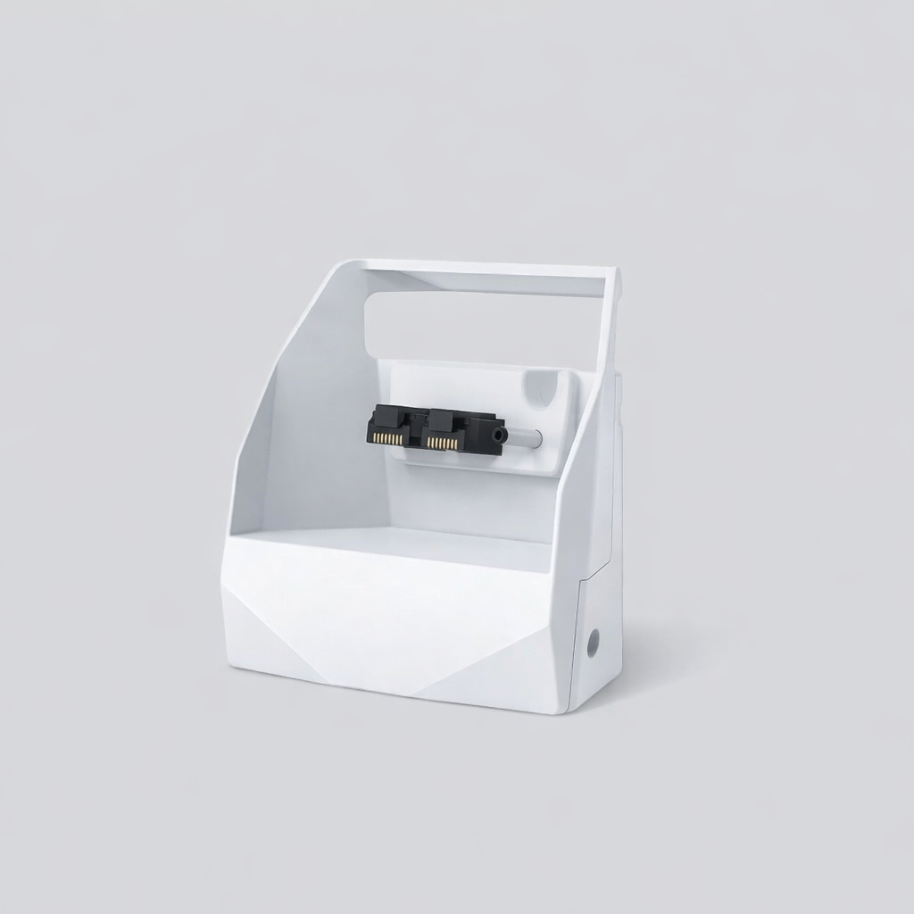 White Starlink Mini docking station shown empty on a light grey background, highlighting the black connector and internal structure