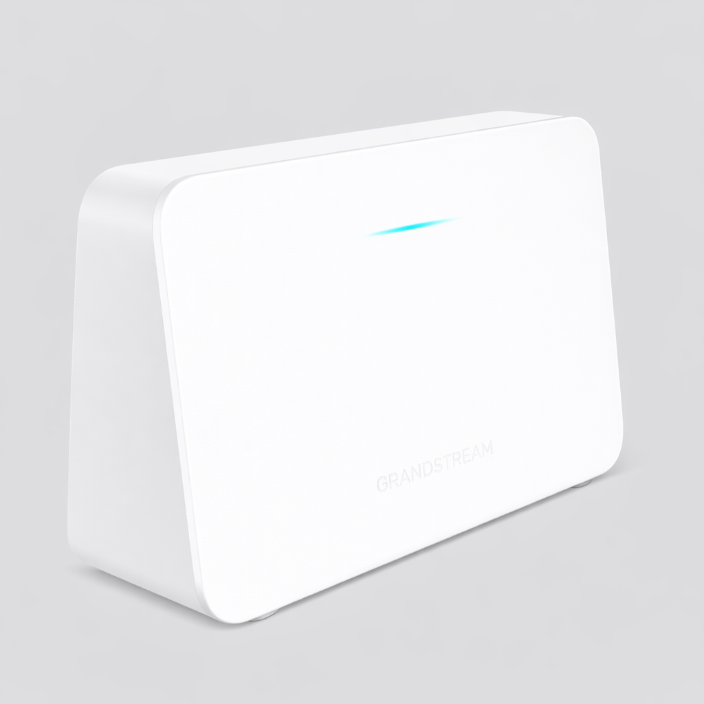 White electronic device with a blue light on a gray background