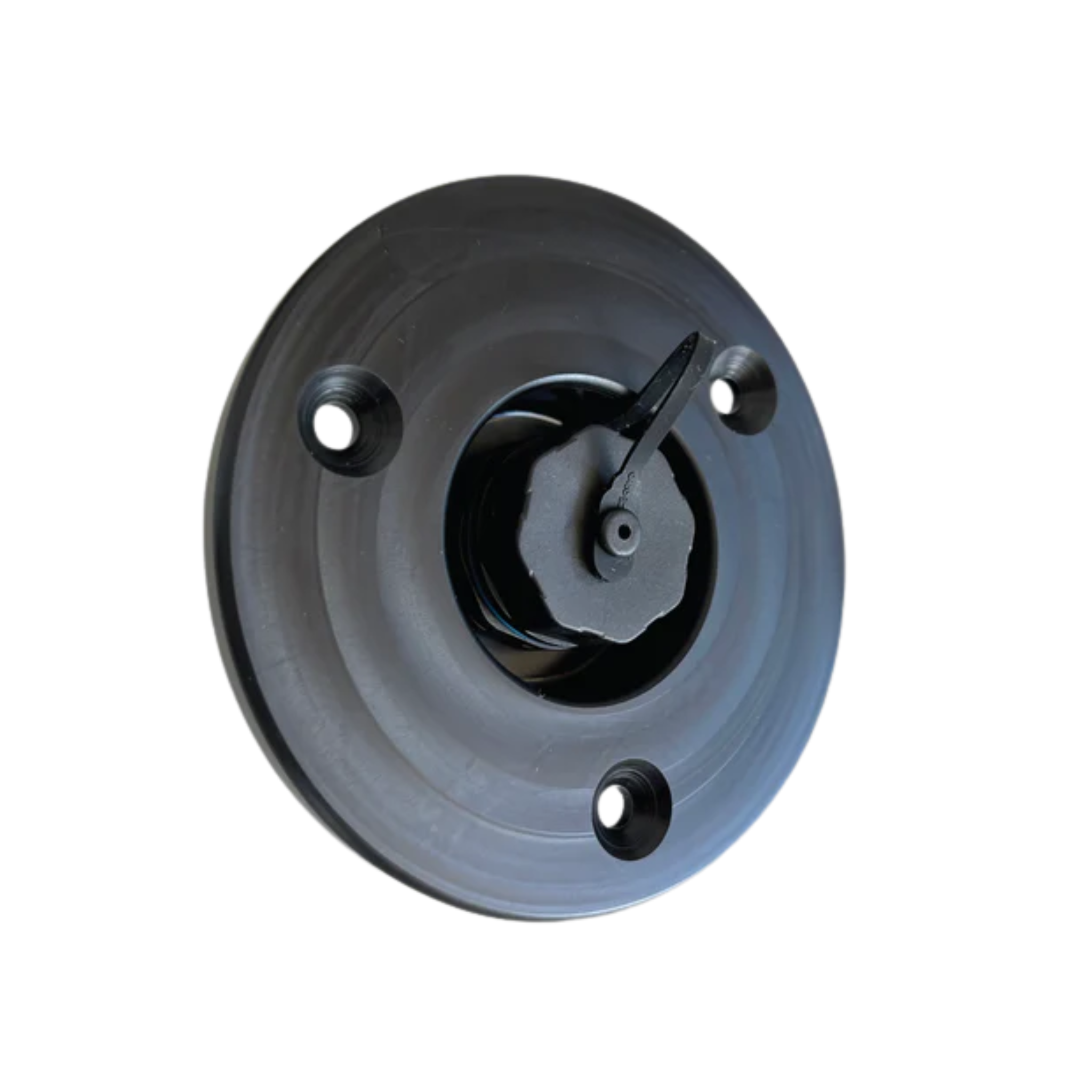 Flush-mounted recessed data socket with circular backing plate, shown with protective cap and mounting holes – ideal for Ethernet or low-voltage data (DC) connections