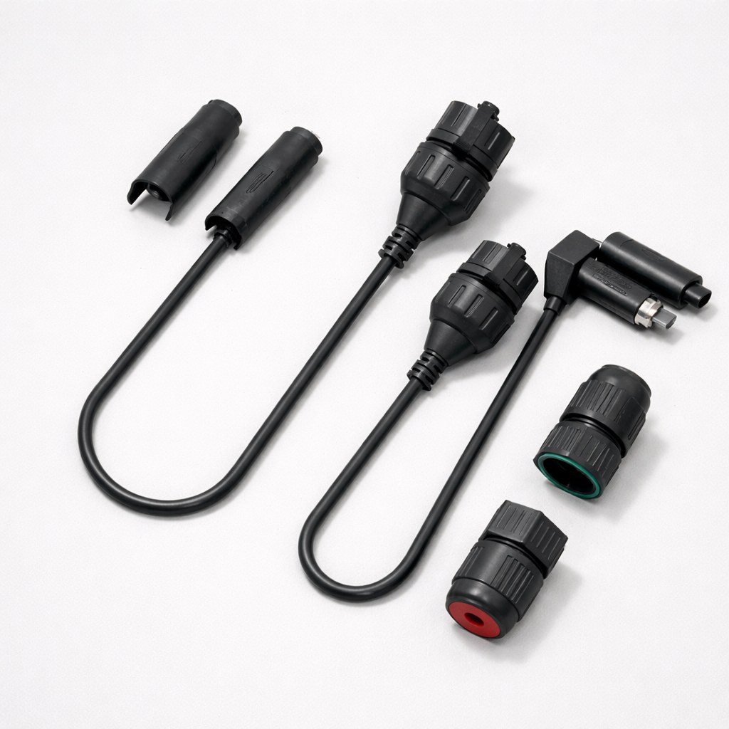 SPX to RJ45 waterproof adaptors for Starlink Gen 2 shown disassembled to display internal components and cable structure.