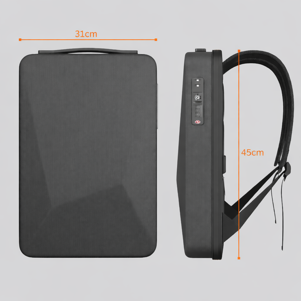 Starlink Mini Black backpack with measurements on a gray background