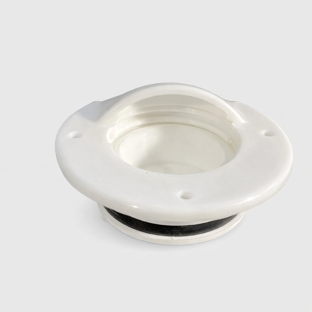 White outdoor cable access bung base with threaded interior and gasket for waterproof cable entry