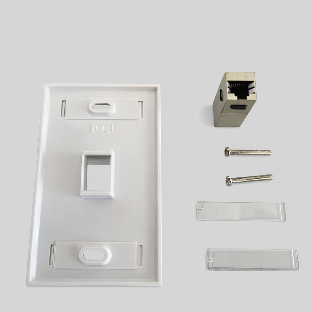 CAT6 Ethernet wall plate kit with keystone jack, mounting screws and label covers