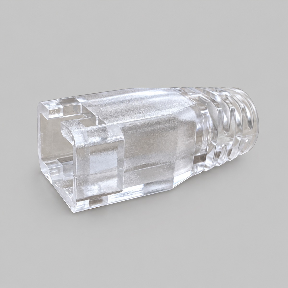 Close-up of a clear RJ45 boot and strain relief for Cat6A Starlink cable repair
