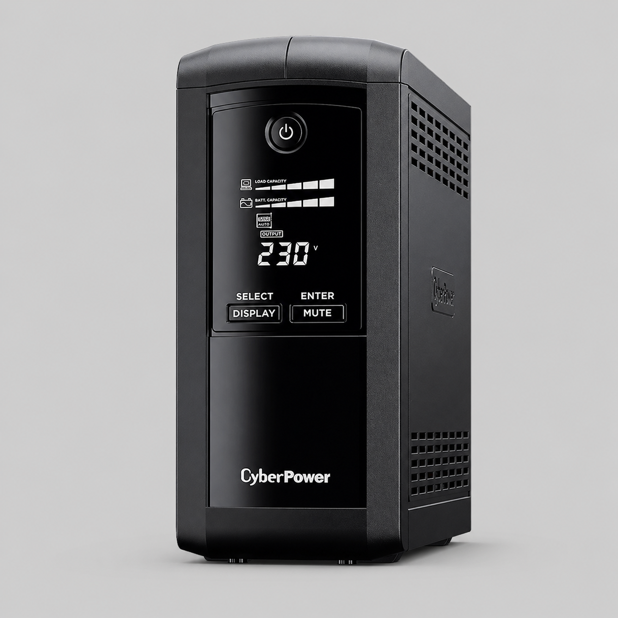 CyberPower Value Pro UPS 1000VA front view with LCD display showing voltage and control buttons