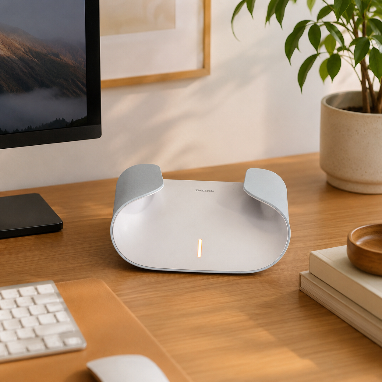 D-Link Aquila Pro AI Wi-Fi 6 Mesh System Dual Pack on a home office desk, providing fast whole-home Wi-Fi coverage and compatible with Starlink internet.