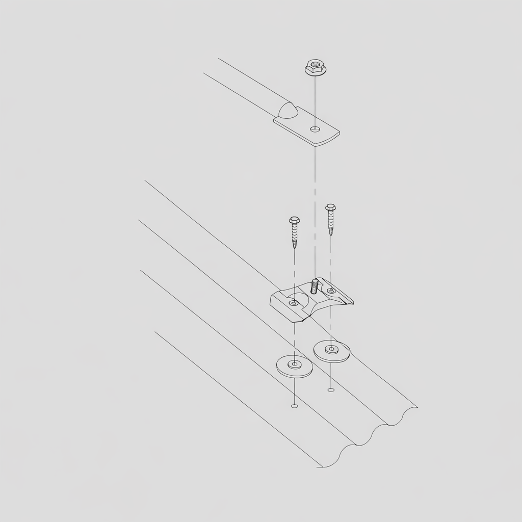 Duo cleat bracket installation diagram showing mounting on corrugated metal roof with screws and sealing washers