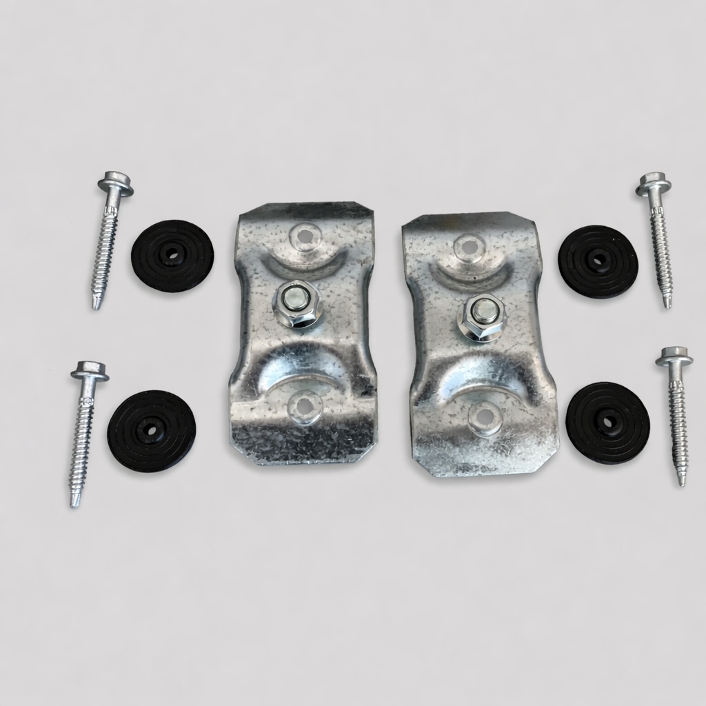 Duo cleat bracket kit with galvanized steel brackets, screws and rubber washers laid out on grey background