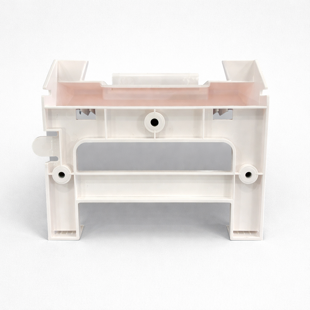 Front structure of plastic wall mount bracket designed for Gen 3 router and power supply.