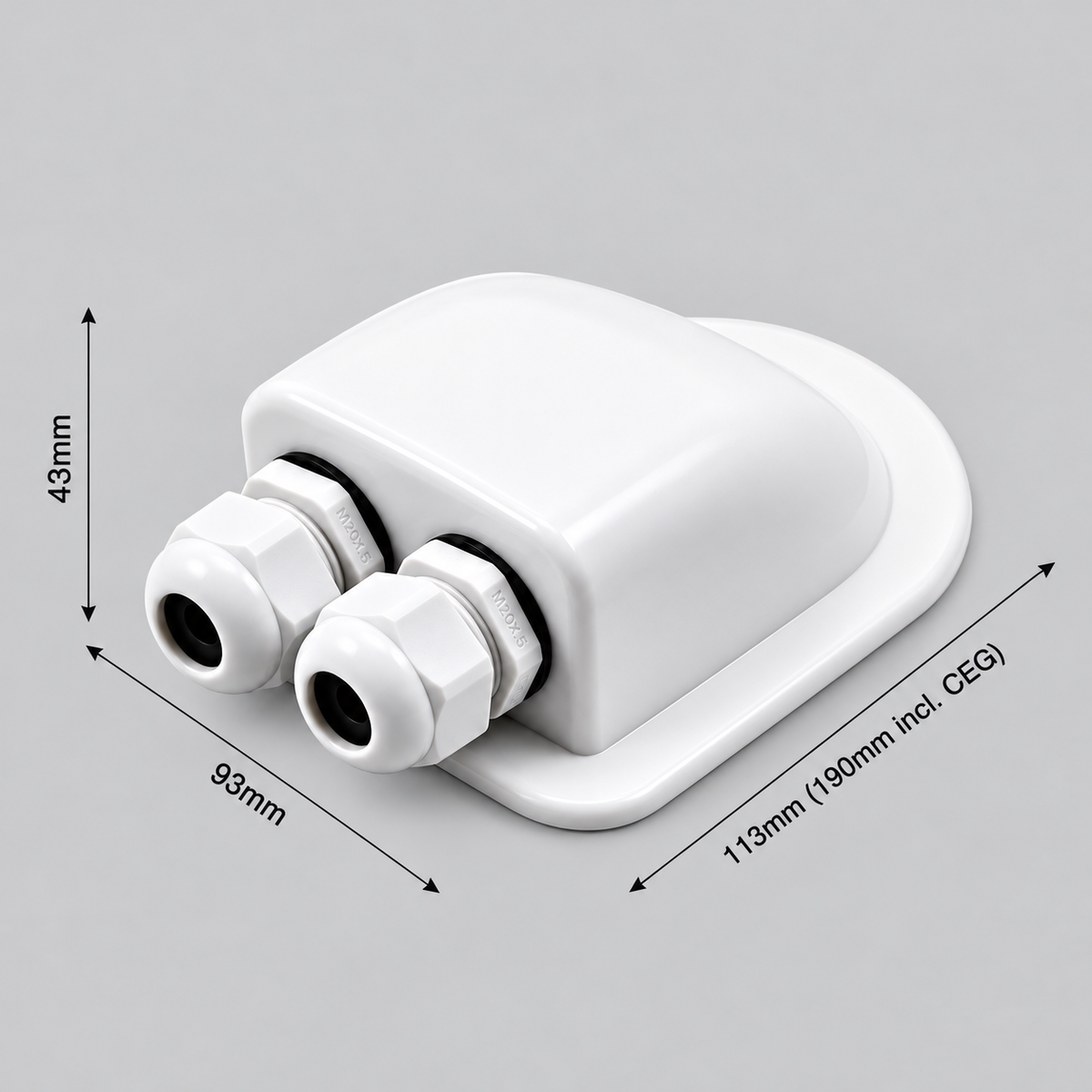 White IP68 double cable entry module for roof or side mounting, showing dimensions and two waterproof cable glands