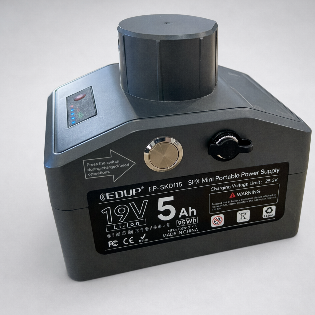 Portable 5Ah lithium battery for Starlink Mini providing 19V power for mobile satellite internet setups

