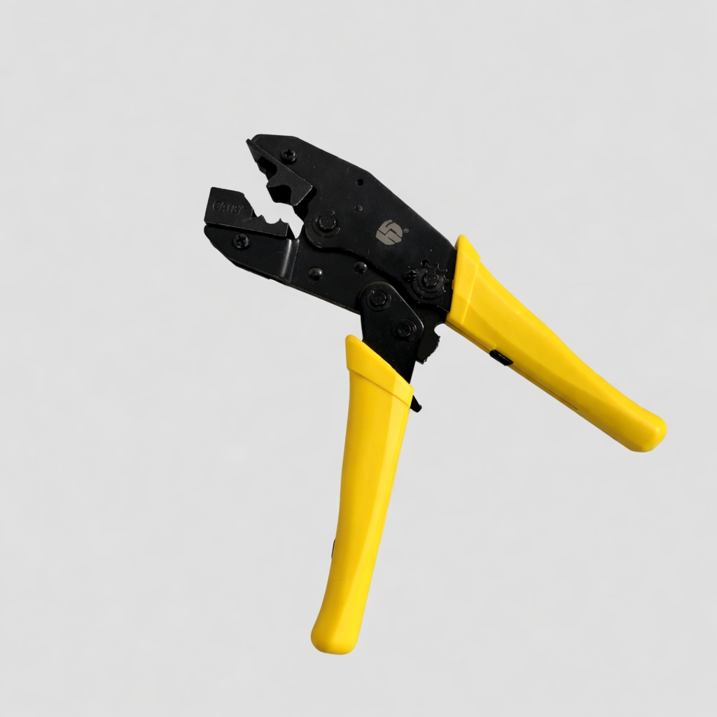 Professional ratchet RJ45 crimping tool with yellow handles in open position for network cable termination
