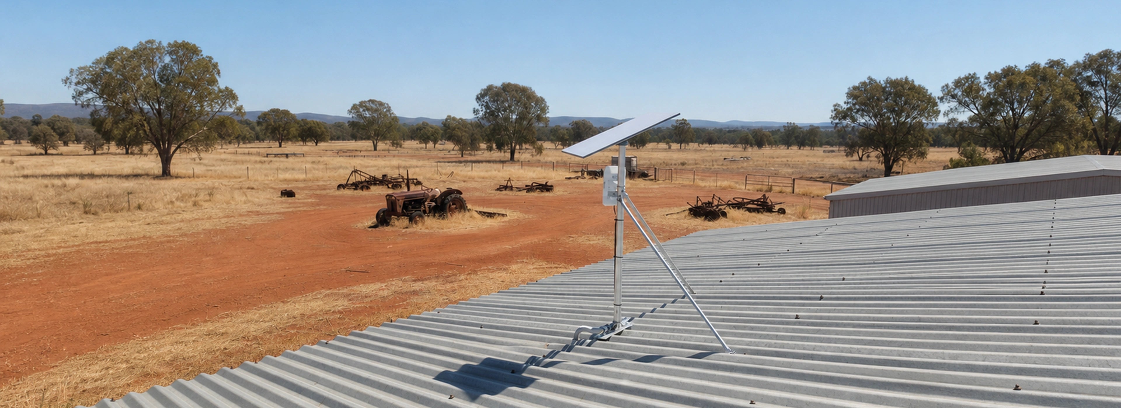 Starlink Gen 3 mounted on a Spacetek roof mount in rural Australian scenery