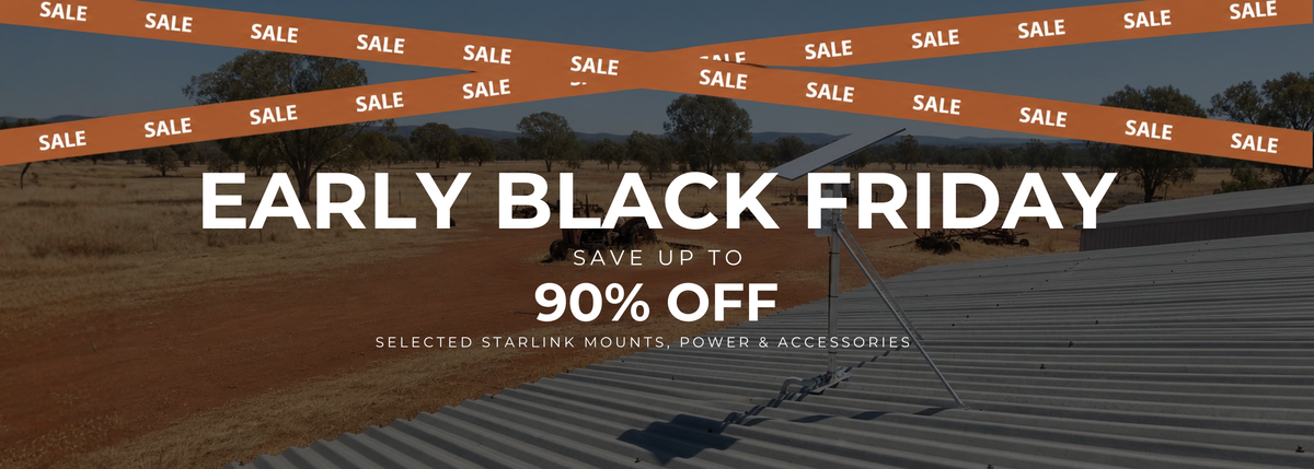 Spacetek Australia Early Black Friday Sale offering up to 90% off selected Starlink mounts, power and accessories, featuring a Starlink Gen 3 dish on a Spacetek aluminium roof mount in rural Australia.