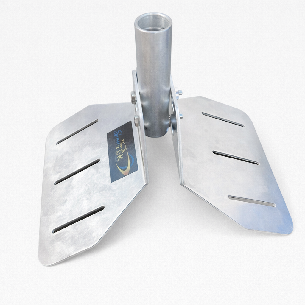 Spacetek Gen 2 Ridge Mount Kit dual plate assembly with central support tube. Precision laser-cut aluminium ridge brackets with slotted adjustment channels for secure, adaptable installation. Built for strength, stability, and long-term outdoor performance.