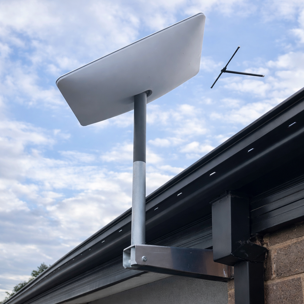 Spacetek Gen 2 Starlink eave and wall mount kit installed on residential roof gutter with satellite dish mounted securely outdoors