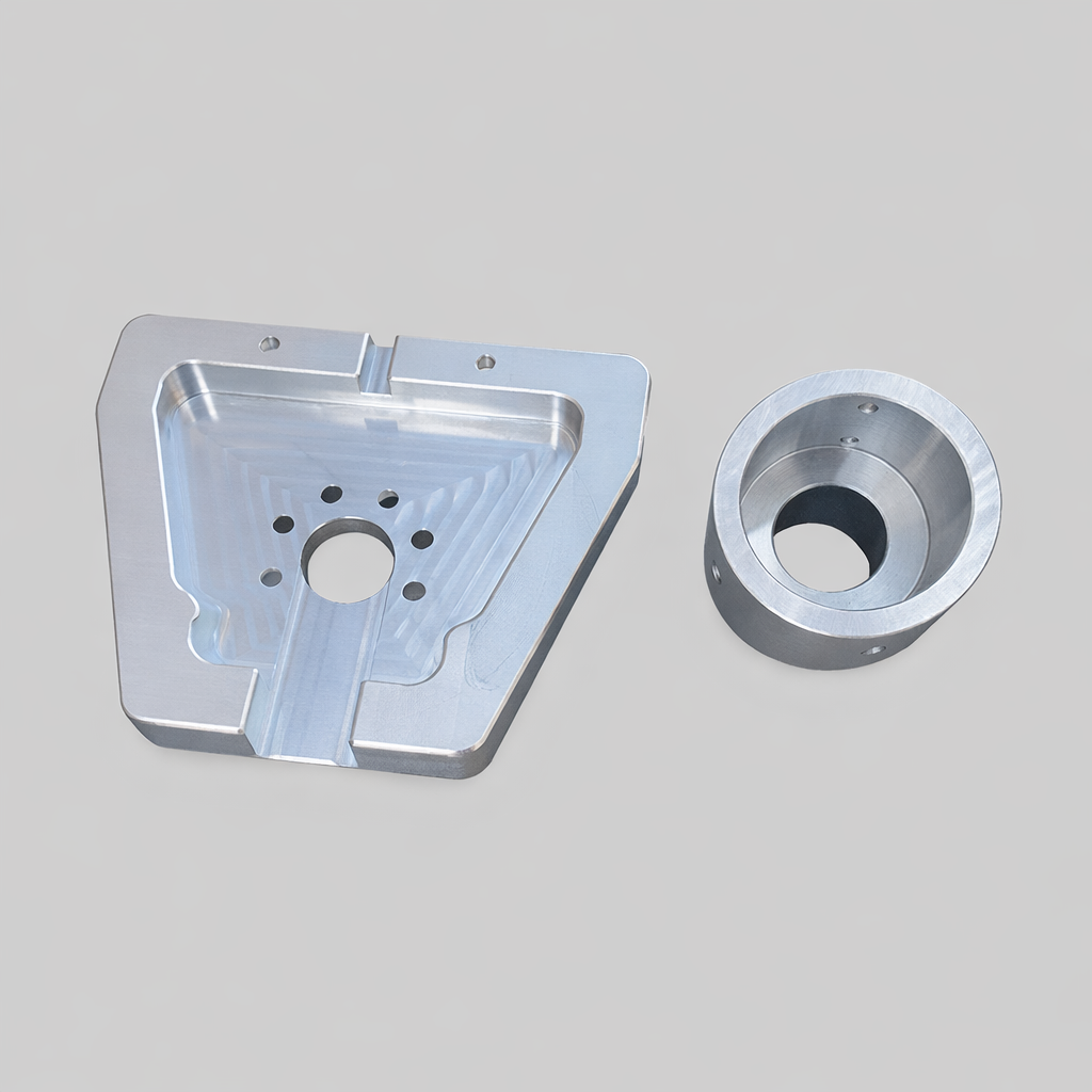 CNC-milled aluminum mounting components for Spacetek Starlink Gen 3 heavy duty roof kit including base plate and adapter collar