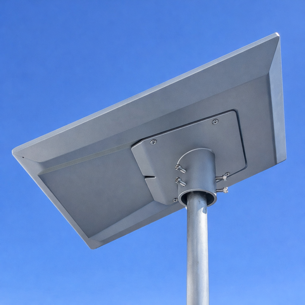 Bottom view of Starlink Performance Gen 3 dish mounted using Spacetek aluminum pole adapter – close-up on bracket and bolts.