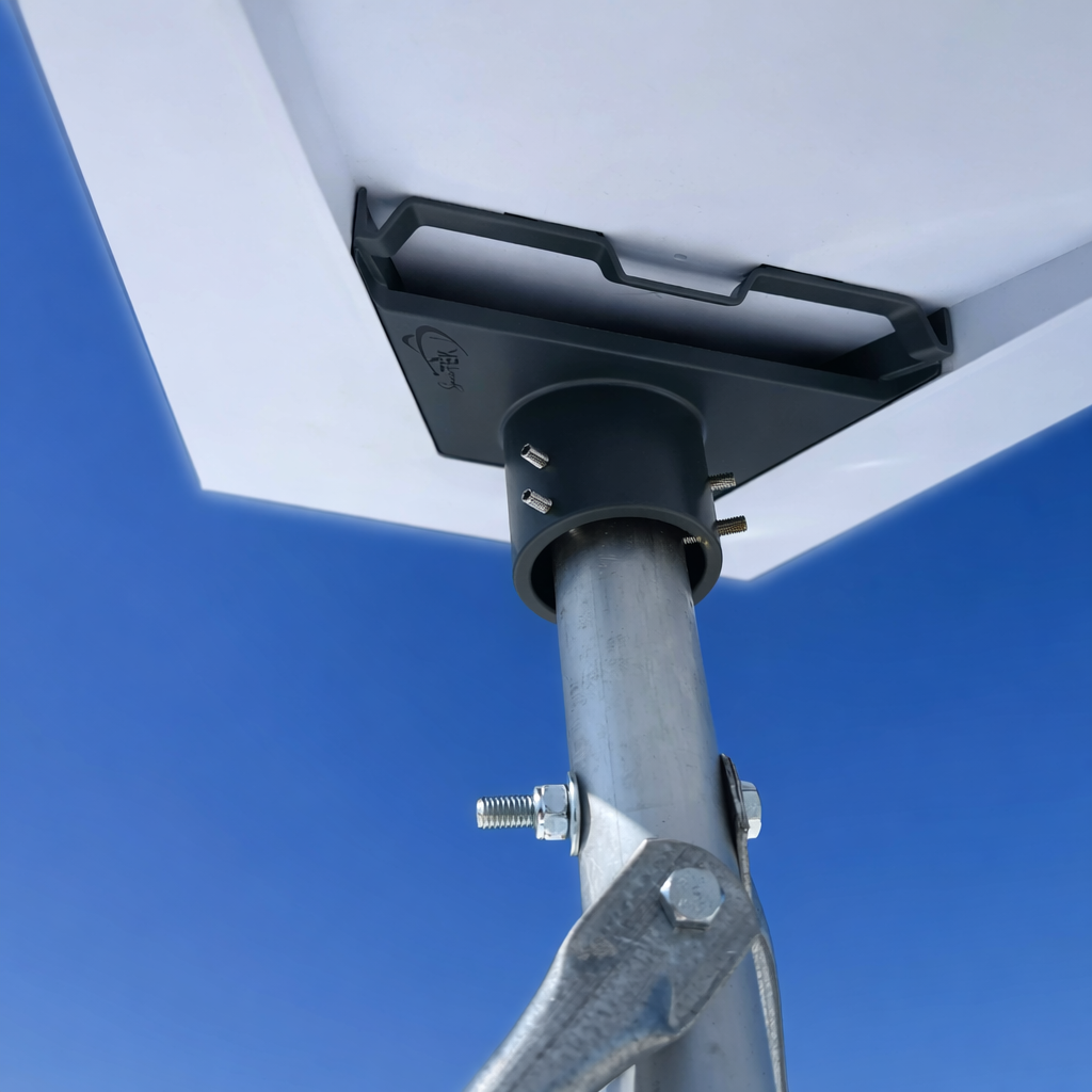 Underside view of Starlink Gen 3 dish with Spacetek pole adapter and mounting bracket connected to galvanized pole