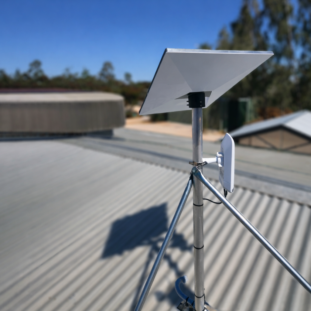 Spacetek Gen 3 Starlink roof mount kit installed on corrugated tin roof in rural outdoor setting