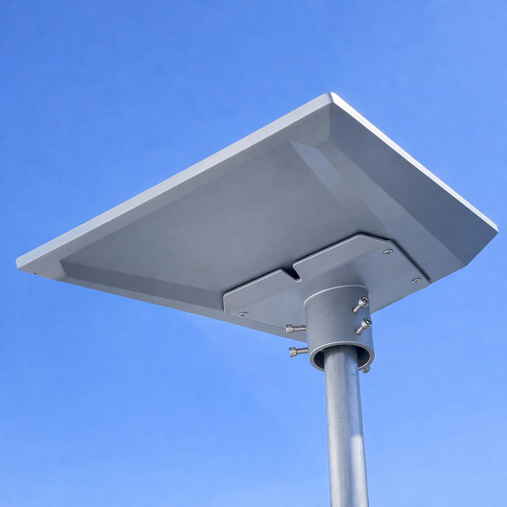 Low-angle photo of Spacetek Gen 3 Performance pole adapter – mounted Starlink dish with clean anodized finish